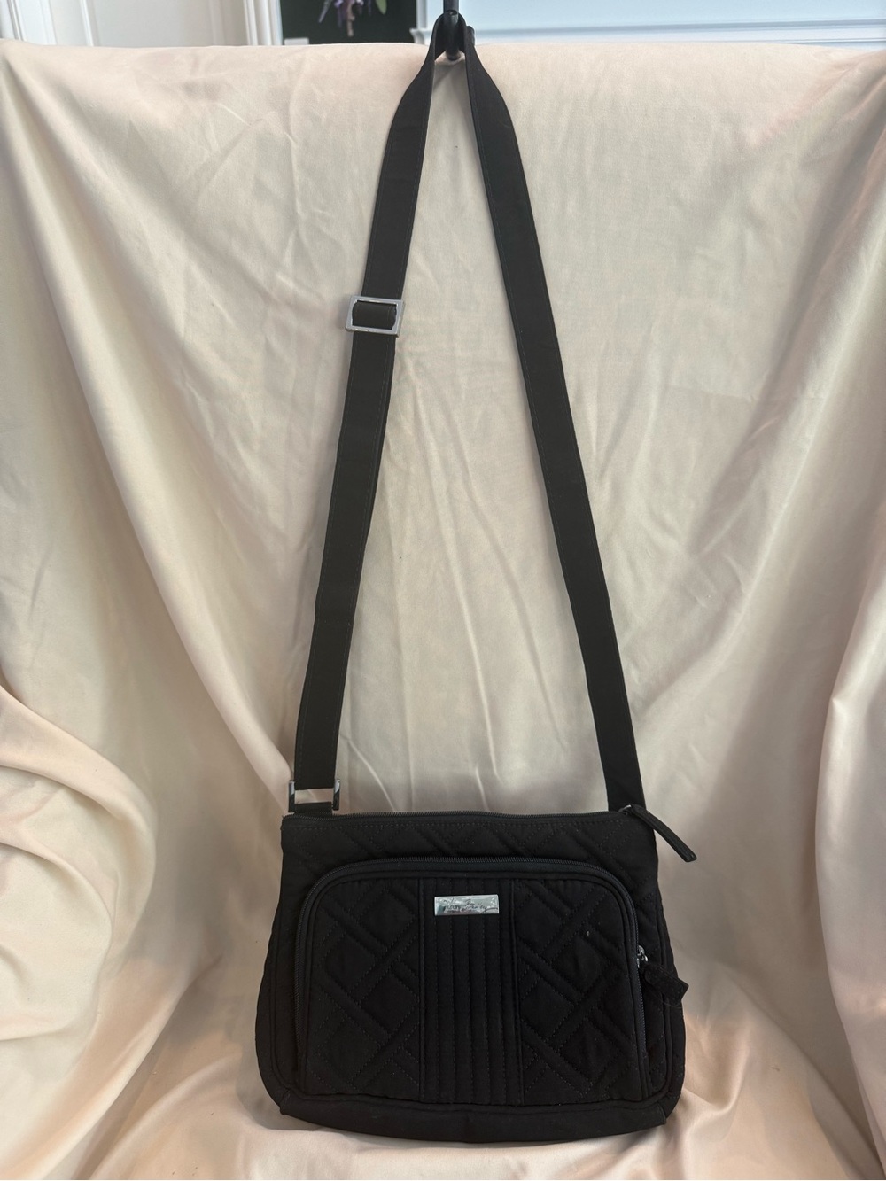 Vera Bradley Black Quilted Shoulder Bag with Silver Logo Plaque